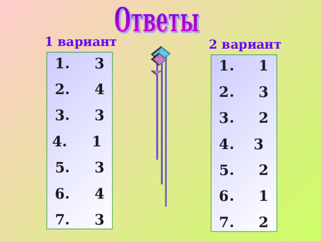 1 вариант 2 вариант 1. 3 2. 4 3. 3  1 5. 3 6. 4 7. 3 1. 1 2. 3 3. 2  3 5. 2 6. 1 7. 2 