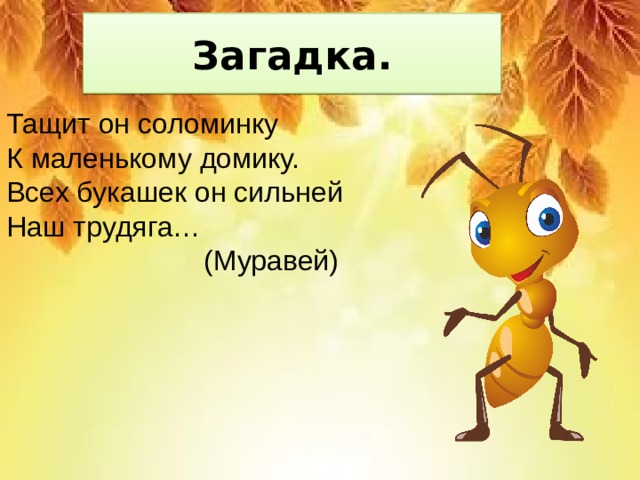 Загадка. Тащит он соломинку К маленькому домику. Всех букашек он сильней Наш трудяга…  (Муравей) 