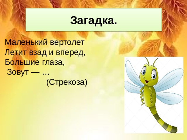 Загадка. Маленький вертолет Летит взад и вперед, Большие глаза,  Зовут — …  (Стрекоза) 