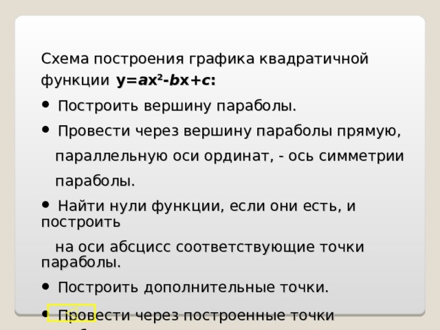 Схема построения графика квадратичной  функции  y = a x 2 - b x + c :  Построить вершину параболы.  Провести через вершину параболы прямую,  параллельную оси ординат, - ось симметрии  параболы.  Найти нули функции, если они есть, и построить  на оси абсцисс соответствующие точки параболы.  Построить дополнительные точки.  Провести через построенные точки параболу.  