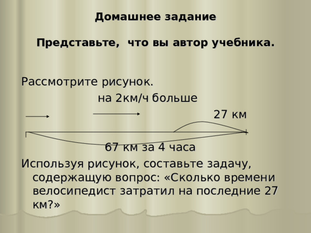 Домашнее задание   Представьте, что вы автор учебника. Рассмотрите рисунок.  на 2км / ч  больше   27 км 67 км за 4 часа Используя рисунок, составьте задачу, содержащую вопрос: «Сколько времени велосипедист затратил на последние 27 км?» 