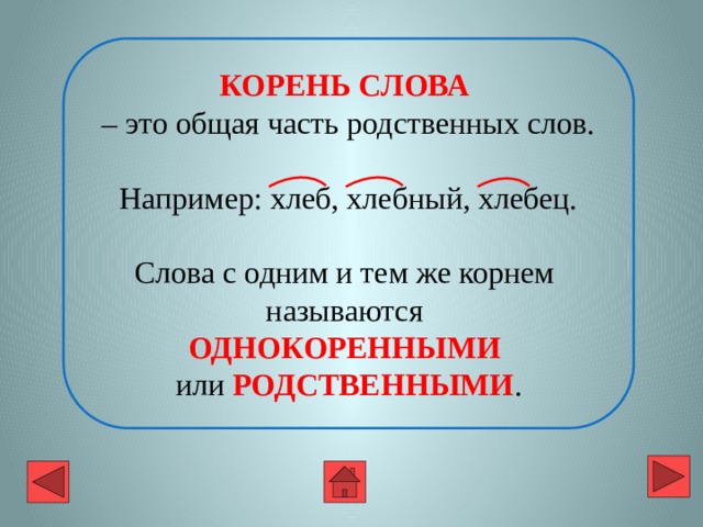 КОРЕНЬ СЛОВА  – это общая часть родственных слов. Например: хлеб, хлебный, хлебец. Слова с одним и тем же корнем называются ОДНОКОРЕННЫМИ  или РОДСТВЕННЫМИ . 