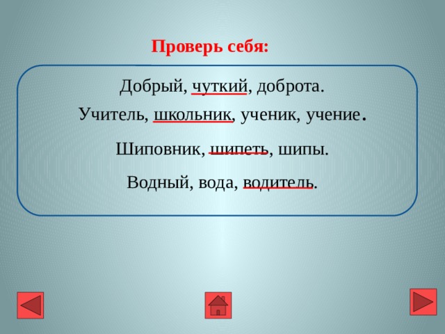 Проверь себя: Добрый, чуткий, доброта. Учитель, школьник, ученик, учение . Шиповник, шипеть, шипы. Водный, вода, водитель. 