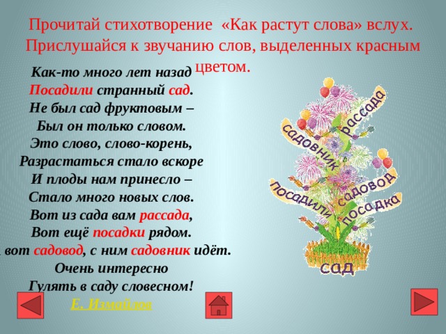 Прочитай стихотворение «Как растут слова» вслух. Прислушайся к звучанию слов, выделенных красным цветом.   Как-то много лет назад Посадили странный сад . Не был сад фруктовым – Был он только словом. Это слово, слово-корень, Разрастаться стало вскоре И плоды нам принесло – Стало много новых слов. Вот из сада вам рассада , Вот ещё посадки рядом. А вот садовод , с ним садовник идёт. Очень интересно Гулять в саду словесном! Е. Измайлов 