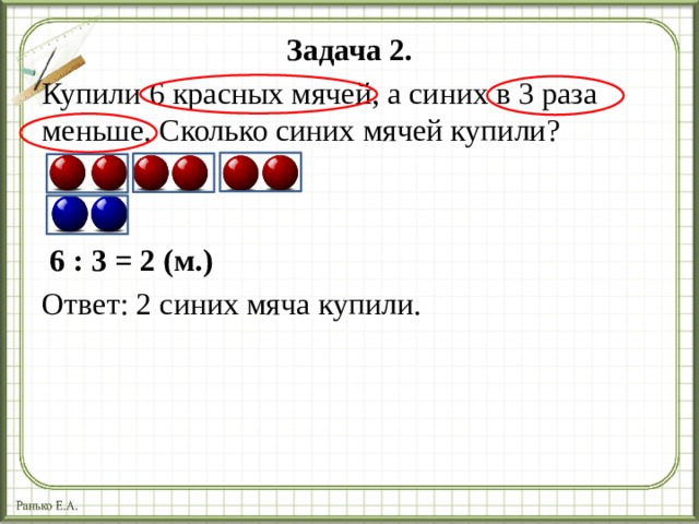 Задача 2. Купили 6 красных мячей, а синих в 3 раза меньше. Сколько синих мячей купили?  6 : 3 = 2 (м.) Ответ: 2 синих мяча купили. 