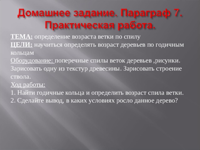 ТЕМА: определение возраста ветки по спилу ЦЕЛИ: научиться определять возраст деревьев по годичным кольцам Оборудование: поперечные спилы веток деревьев ,рисунки. Зарисовать одну из текстур древесины. Зарисовать строение ствола. Ход работы: 1. Найти годичные кольца и определить возраст спила ветки. 2. Сделайте вывод, в каких условиях росло данное дерево? 