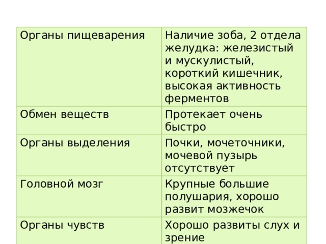 Органы пищеварения Наличие зоба, 2 отдела желудка: железистый и мускулистый, короткий кишечник, высокая активность ферментов Обмен веществ Протекает очень быстро Органы выделения Почки, мочеточники, мочевой пузырь отсутствует Головной мозг Крупные большие полушария, хорошо развит мозжечок Органы чувств Хорошо развиты слух и зрение 