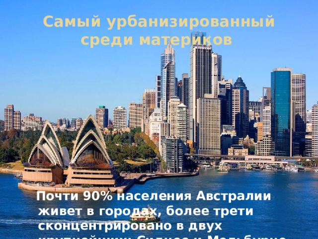Самый урбанизированный среди материков  Почти 90% населения Австралии живет в городах, более трети сконцентрировано в двух крупнейших: Сиднее и Мельбурне.  