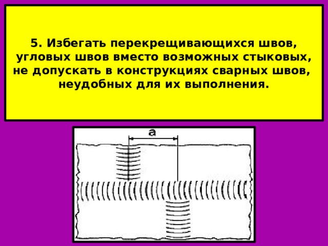   5. Избегать перекрещивающихся швов, угловых швов вместо возможных стыковых, не допускать в конструкциях сварных швов,  неудобных для их выполнения.      