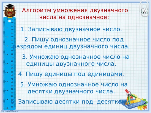 Умножение на однозначное число. Алгоритм умножения двузначного числа на однозначное. Алгоритм умножения двузначного числа на однозначное 3 класс. Алгоритм умножения на двузначное число. Алгоритм умножения на однозначное число.