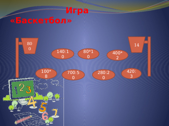  Игра «Баскетбол» 14 800 80*10 140:10 400*2 100*8 420:3 700:50 280:20 