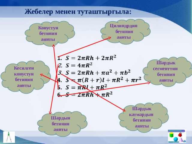 Жебелер менен туташтыргыла: Цилиндрдин бетинин аянты Конустун бетинин аянты         Шардык сегменттин бетинин аянты Кесилген конустун бетинин аянты Шардык катмардын бетинин аянты Шардын бетинин аянты 