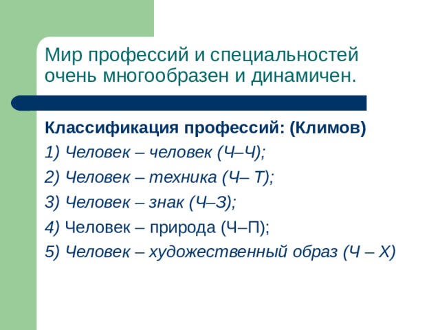 Мир профессий и специальностей очень многообразен и динамичен.  Классификация профессий: (Климов) 1) Человек – человек (Ч–Ч); 2) Человек – техника (Ч– Т); 3) Человек – знак (Ч–З); 4) 5) Человек – художественный образ (Ч – Х) 