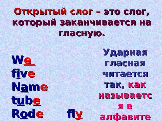 Открытый слог –  это слог, который заканчивается на гласную. Ударная гласная читается  так,  как называется в алфавите W e f i v e N a m e t u b e R o d e fl y 