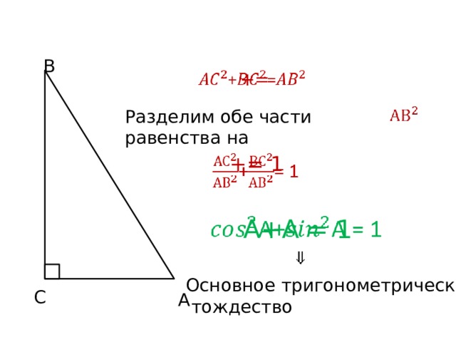 B   += Разделим обе части равенства на   += 1   A+A = 1     Основное тригонометрическое  тождество C A 