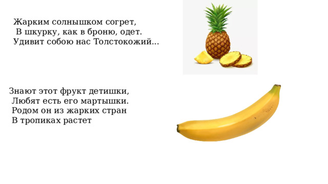 Жарким солнышком согрет,  В шкурку, как в броню, одет. Удивит собою нас Толстокожий... Знают этот фрукт детишки,  Любят есть его мартышки.  Родом он из жарких стран  В тропиках растет 