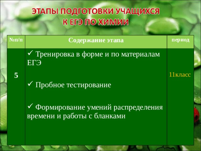 № п / п Содержание этапа период 5  Тренировка в форме и по материалам ЕГЭ   Пробное тестирование   Формирование умений распределения времени и работы с бланками 11класс 