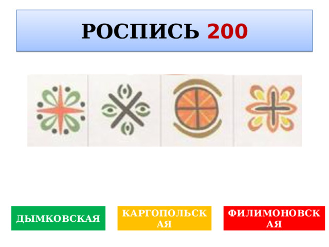РОСПИСЬ  200 Кто является автором картины «Весна в Италии»? ДЫМКОВСКАЯ КАРГОПОЛЬСКАЯ ФИЛИМОНОВСКАЯ 