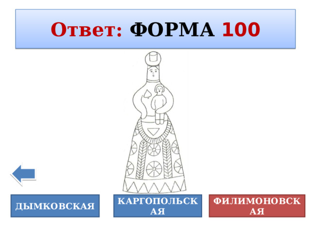 Ответ :  ФОРМА  100 Ледяная скульптура ФИЛИМОНОВСКАЯ ДЫМКОВСКАЯ КАРГОПОЛЬСКАЯ 