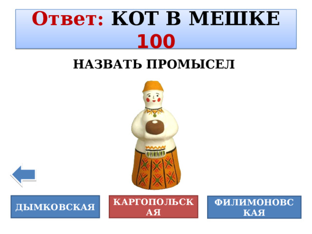 Ответ :  КОТ В МЕШКЕ  100 НАЗВАТЬ ПРОМЫСЕЛ  ДЫМКОВСКАЯ КАРГОПОЛЬСКАЯ ФИЛИМОНОВСКАЯ 
