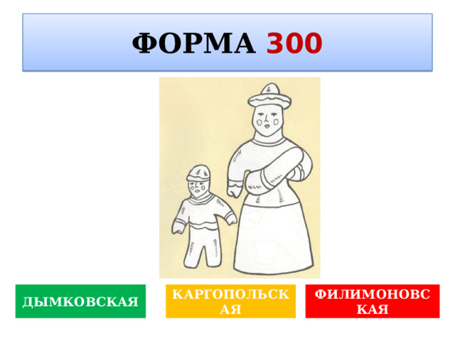 ФОРМА  300 Определите вид изобразительного искусства ДЫМКОВСКАЯ КАРГОПОЛЬСКАЯ ФИЛИМОНОВСКАЯ 