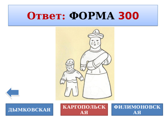 Ответ :  ФОРМА  300 ДЫМКОВСКАЯ КАРГОПОЛЬСКАЯ ФИЛИМОНОВСКАЯ 