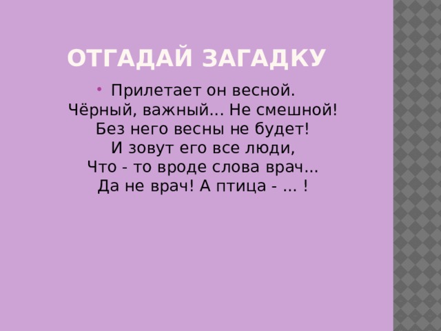 Отгадай загадку Прилетает он весной.  Чёрный, важный... Не смешной!  Без него весны не будет!  И зовут его все люди,  Что - то вроде слова врач...  Да не врач! А птица - ... !   