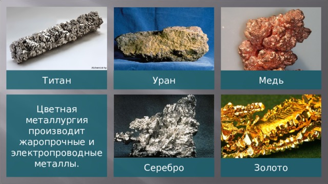 Alchemist-hp Титан Уран Медь Цветная металлургия производит жаропрочные и электропроводные металлы. Серебро Золото