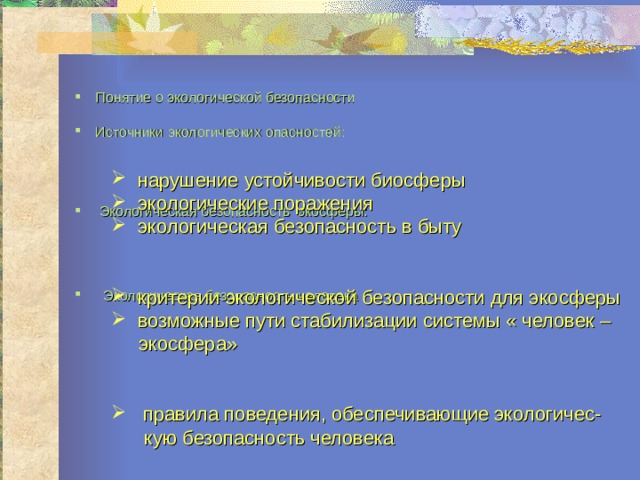 Понятие о экологической безопасности Источники экологических опасностей:  Экологическая безопасность экосферы:    Экологическая безопасность человека    нарушение устойчивости биосферы  экологические поражения  экологическая безопасность в быту  критерии экологической безопасности для экосферы  возможные пути стабилизации системы « человек –  экосфера»  правила поведения, обеспечивающие экологичес-  кую безопасность человека 