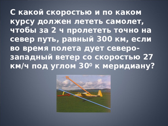 С какой скоростью и по каком курсу должен лететь самолет, чтобы за 2 ч пролететь точно на север путь, равный 300 км, если во время полета дует северо-западный ветер со скоростью 27 км/ч под углом 30 0 к меридиану? 