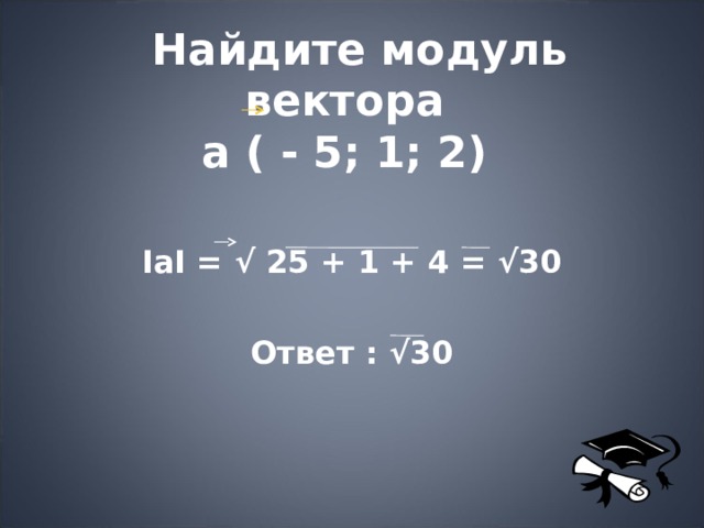  Найдите модуль вектора  а ( - 5; 1; 2) ІаІ = √ 25 + 1 + 4 = √30  Ответ : √30 