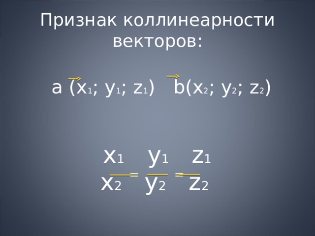 Признак коллинеарности векторов: a (х 1 ; у 1 ; z 1 ) b(x 2 ; y 2 ; z 2 ) х 1 у 1  z 1 = = x 2  y 2  z 2 