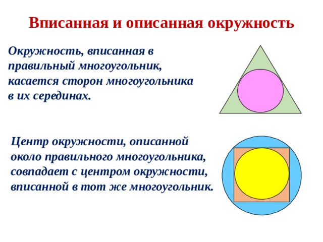 Определение окружности вписанной около многоугольника. Вписанный и описанный многоугольник в окружность. Окружность вписанная в многоугольник. Вписанные и описанные окружности правильного многоугольника. Центр вписанной окружности в многоугольнике.