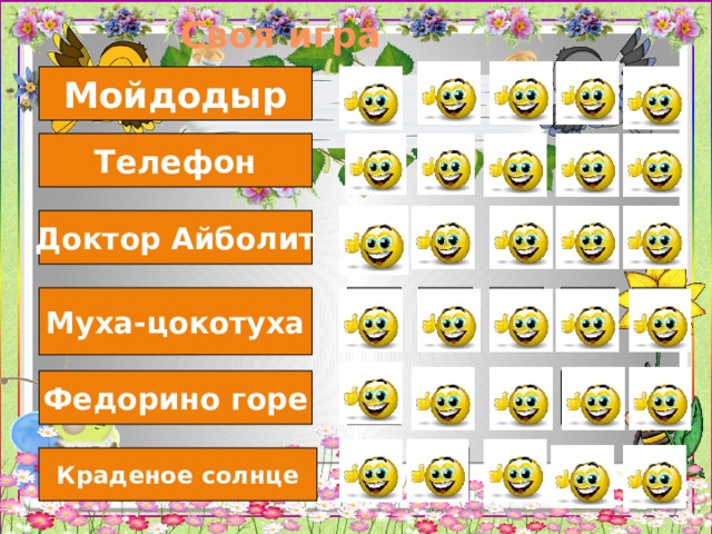 Своя игра 30 Мойдодыр 10 20 40 50 Телефон 20 10 30 50 40 50 30 40 20 10 Доктор Айболит 10 20 40 Муха-цокотуха 50 30 30 10 20 Федорино горе 50 40 10 Краденое солнце 50 30 40 20 