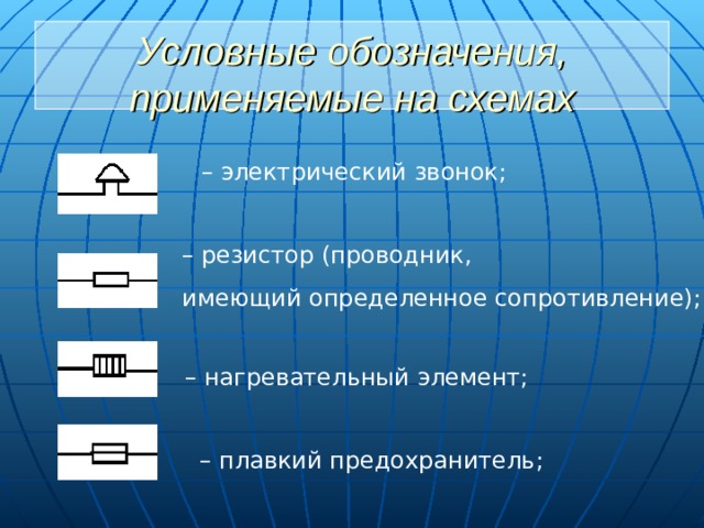 Условные обозначения, применяемые на схемах – электрический звонок; – резистор (проводник, имеющий определенное сопротивление); – нагревательный элемент; – плавкий предохранитель; 