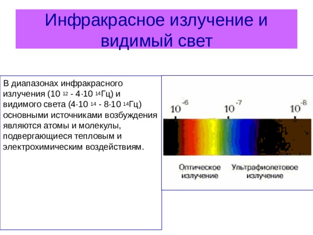 Инфракрасное излучение и видимый свет В диапазонах инфракрасного излучения (10 12  - 4·10 14 Гц) и видимого света (4·10 14  - 8·10 14 Гц) основными источниками возбуждения являются атомы и молекулы, подвергающиеся тепловым и электрохимическим воздействиям. 