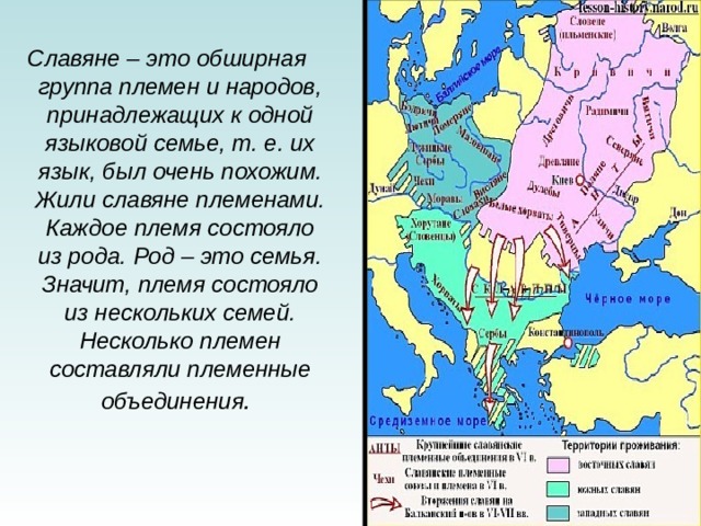  Славяне – это обширная группа племен и народов, принадлежащих к одной языковой семье, т. е. их язык, был очень похожим. Жили славяне племенами. Каждое племя состояло из рода. Род – это семья. Значит, племя состояло из нескольких семей. Несколько племен составляли племенные объединения . 