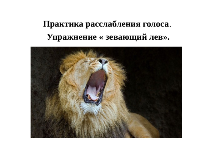 Практика расслабления голоса . Упражнение « зевающий лев».  