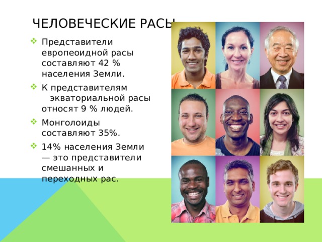 Человеческие расы Представители европеоидной расы составляют 42 % населения Земли. К представителям экваториальной расы относят 9 % людей. Монголоиды составляют 35%. 14% населения Земли — это представители смешанных и переходных рас.       