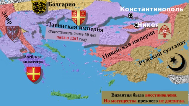 Болгария Румский султанат Никейская империя Латинская империя Эпир существовала более 50 лет  пала в 1261  году. Константинополь Никея Ахейское княжество Византия была восстановлена. Но могущества прежнего не достигла . 
