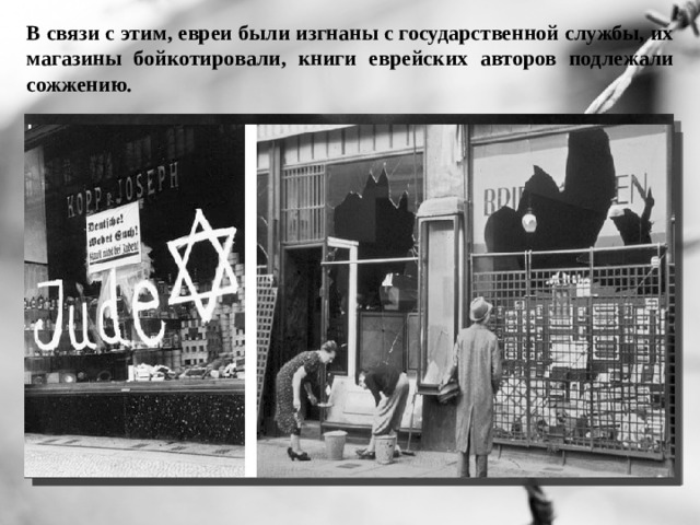 В связи с этим, евреи были изгнаны с государственной службы, их магазины бойкотировали, книги еврейских авторов подлежали сожжению. 