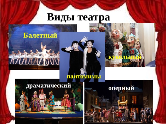 Виды театра Балетный кукольный пантомимы драматический оперный 