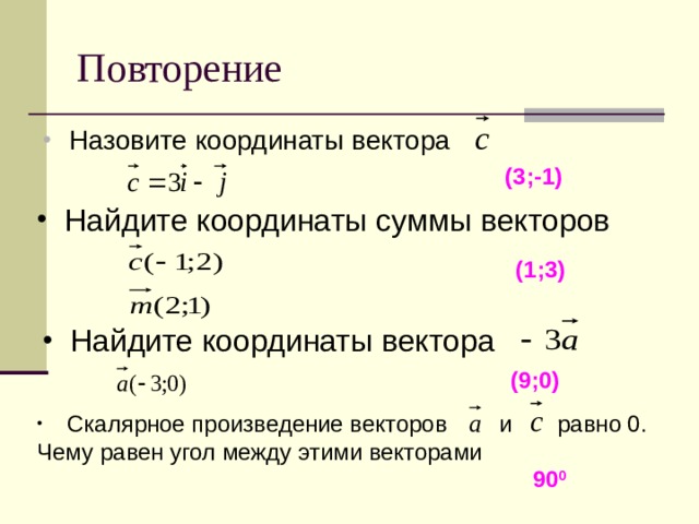 Повторение Назовите координаты вектора (3;-1)  Найдите координаты суммы векторов (1;3)  Найдите координаты вектора (9;0)  Скалярное произведение векторов и равно 0. Чему равен угол между этими векторами 90 0 