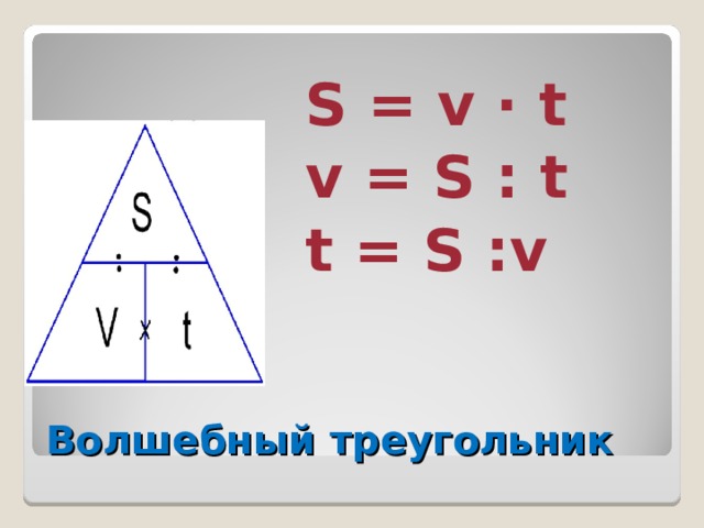 S = v · t v = S : t t = S : v Волшебный треугольник 