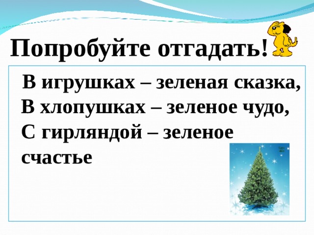 Попробуйте отгадать!  В игрушках – зеленая сказка, В хлопушках – зеленое чудо, С гирляндой – зеленое счастье . 