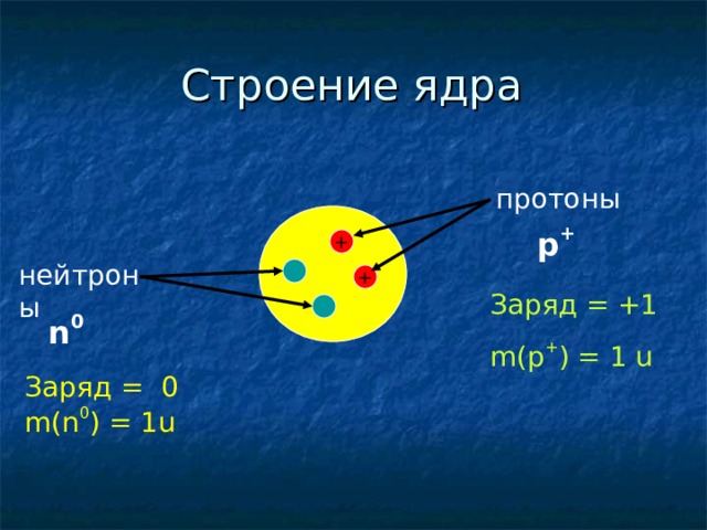  Строение ядра протоны p + + нейтроны + Заряд = +1 m(p + ) = 1 u n 0 Заряд = 0 m(n 0 ) = 1u 