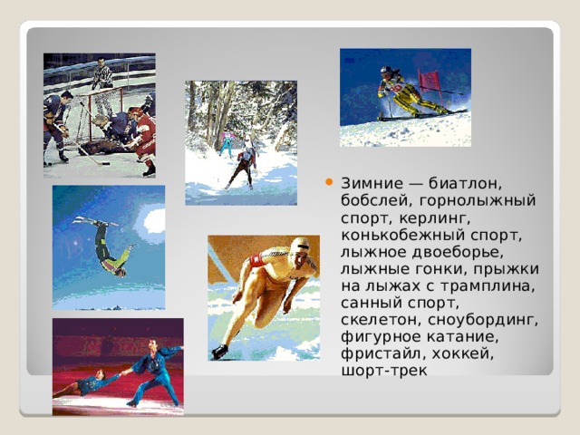 Зимние — биатлон, бобслей, горнолыжный спорт, керлинг, конькобежный спорт, лыжное двоеборье, лыжные гонки, прыжки на лыжах с трамплина, санный спорт, скелетон, сноубординг, фигурное катание, фристайл, хоккей, шорт-трек 