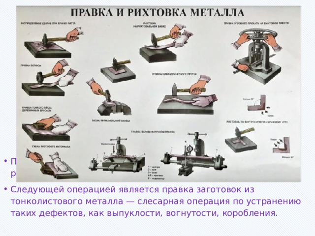 При изготовлении изделий из тонколистовых металлов применяют следующие слесарные операции; разметку, правку, гибку, резание, опиливание, сборку и отделку.   Первой операцией при изготовлении изделия является разметка заготовки, с ней вы познакомились в § 12. Следующей операцией является правка заготовок из тонколистового металла — слесарная операция по устранению таких дефектов, как выпуклости, вогнутости, коробления. 