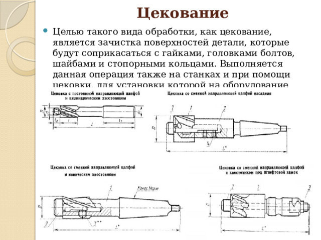 Цекование Целью такого вида обработки, как цекование, является зачистка поверхностей детали, которые будут соприкасаться с гайками, головками болтов, шайбами и стопорными кольцами. Выполняется данная операция также на станках и при помощи цековки, для установки которой на оборудование применяются оправки. 
