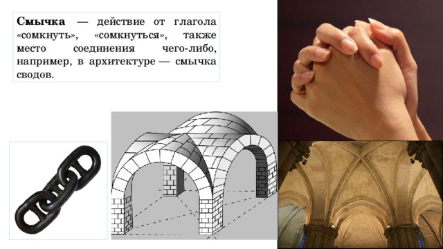 Смычка  — действие от глагола «сомкнуть», «сомкнуться», также место соединения чего-либо, например, в архитектуре — смычка сводов. 